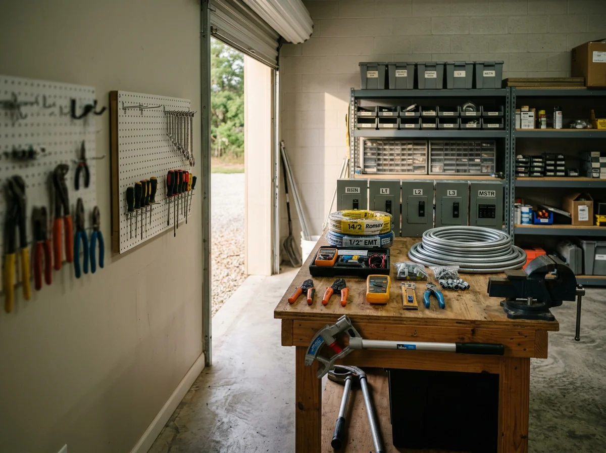 Electrician tools and equipment organized on a workbench, ready for residential service calls.
