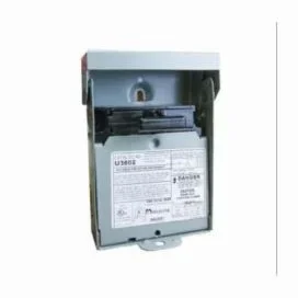 Metal electrical disconnect switch with breaker mechanism and safety label mounted in protective enclosure