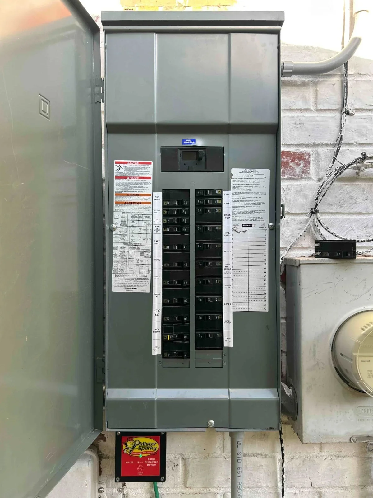 Gray electrical panel with dual-column breakers, safety labels, and grounding connections on concrete wall