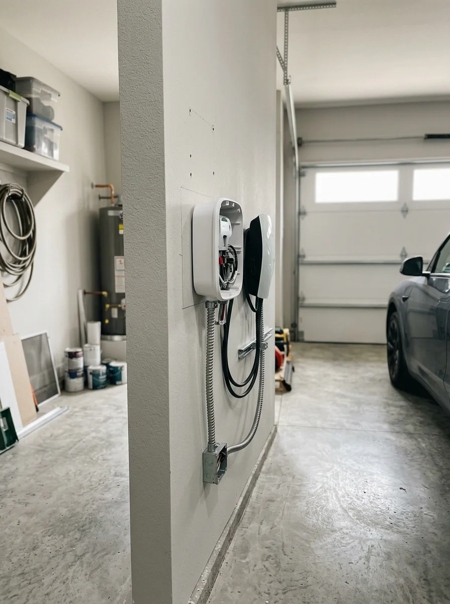 EV charger being installed in the garage of a newer Atascocita, TX home in the Eagle Spring subdivision.