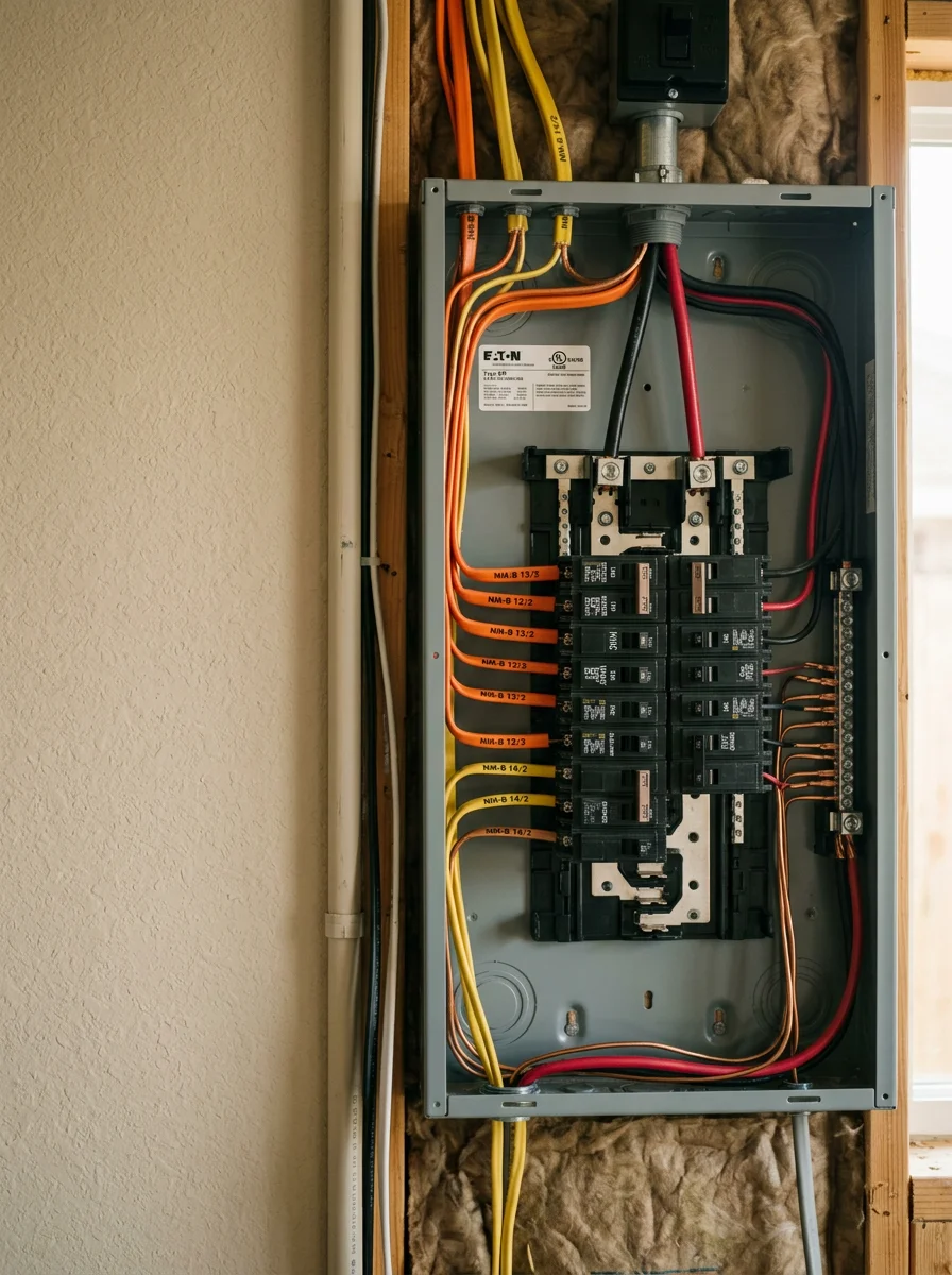 Close-up of a circuit breaker box being upgraded in a Conroe neighborhood home, with new wiring connections visible.