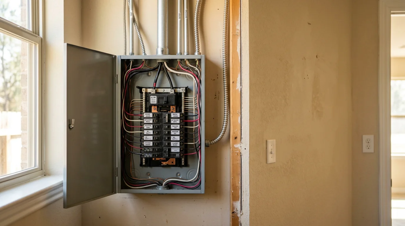 Electrician inspecting a residential electrical panel inside a Conroe, TX home with visible circuit breakers and wiring.