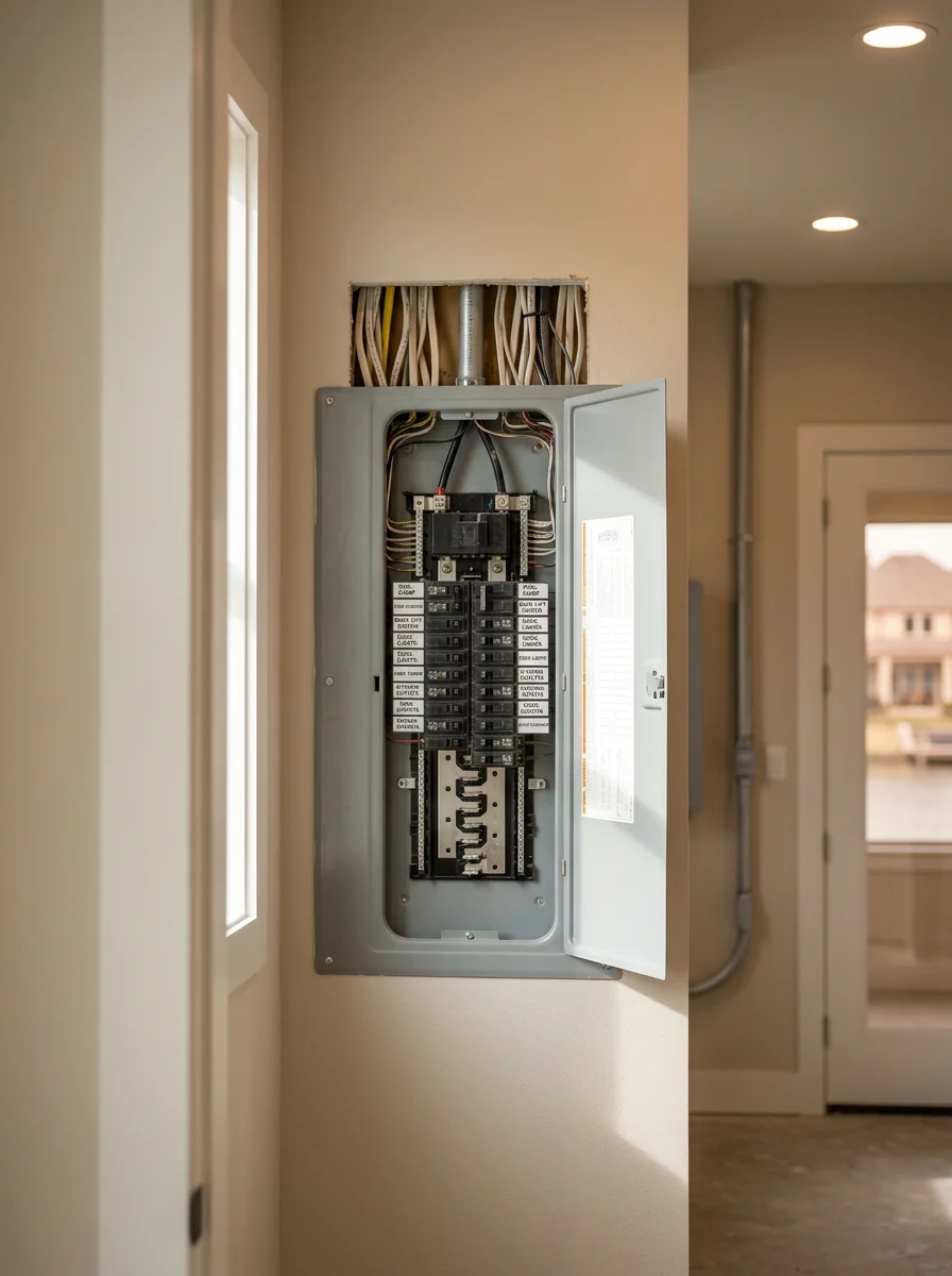 Residential electrical panel inside a Lake Conroe area home showing multiple circuit breakers and wiring for pool and boat lift circuits.