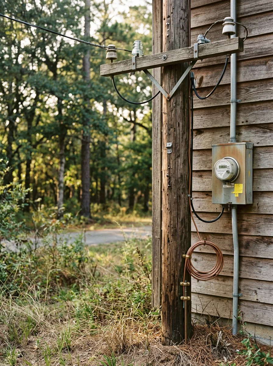 Outdoor electrical service entry and meter base on a rural Montgomery County acreage property being evaluated for a panel upgrade.