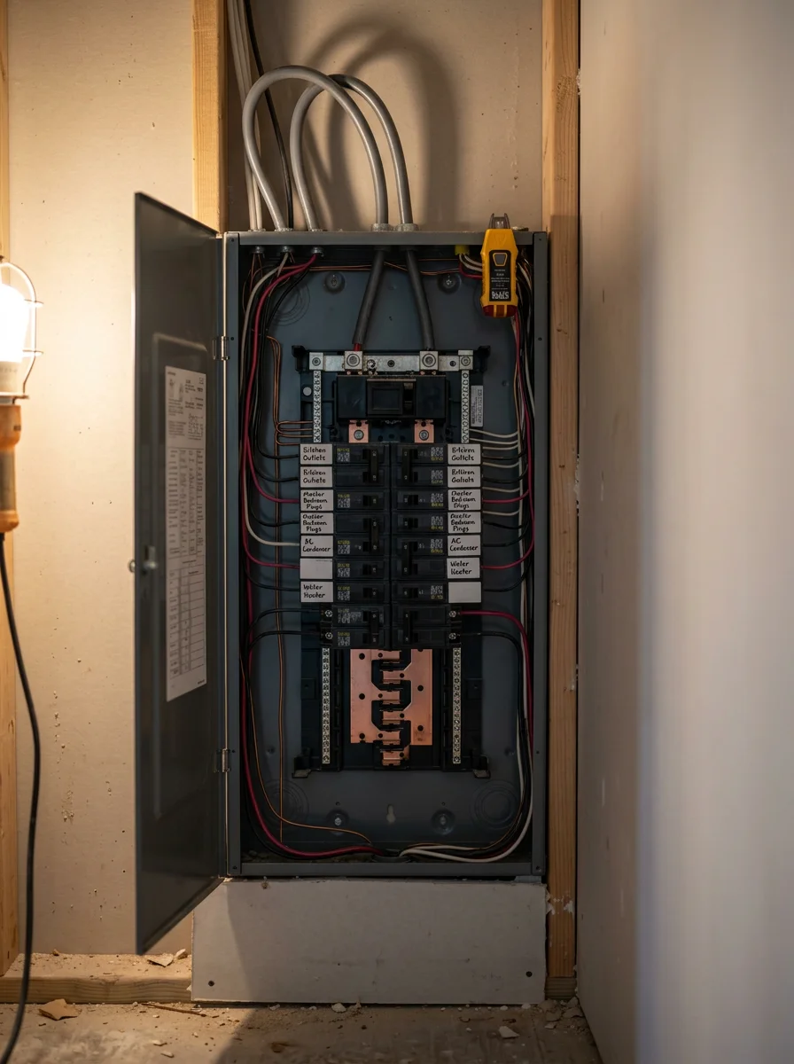 Residential electrical panel in a newer Porter, TX home showing available circuit breaker slots being assessed for new circuit installation.