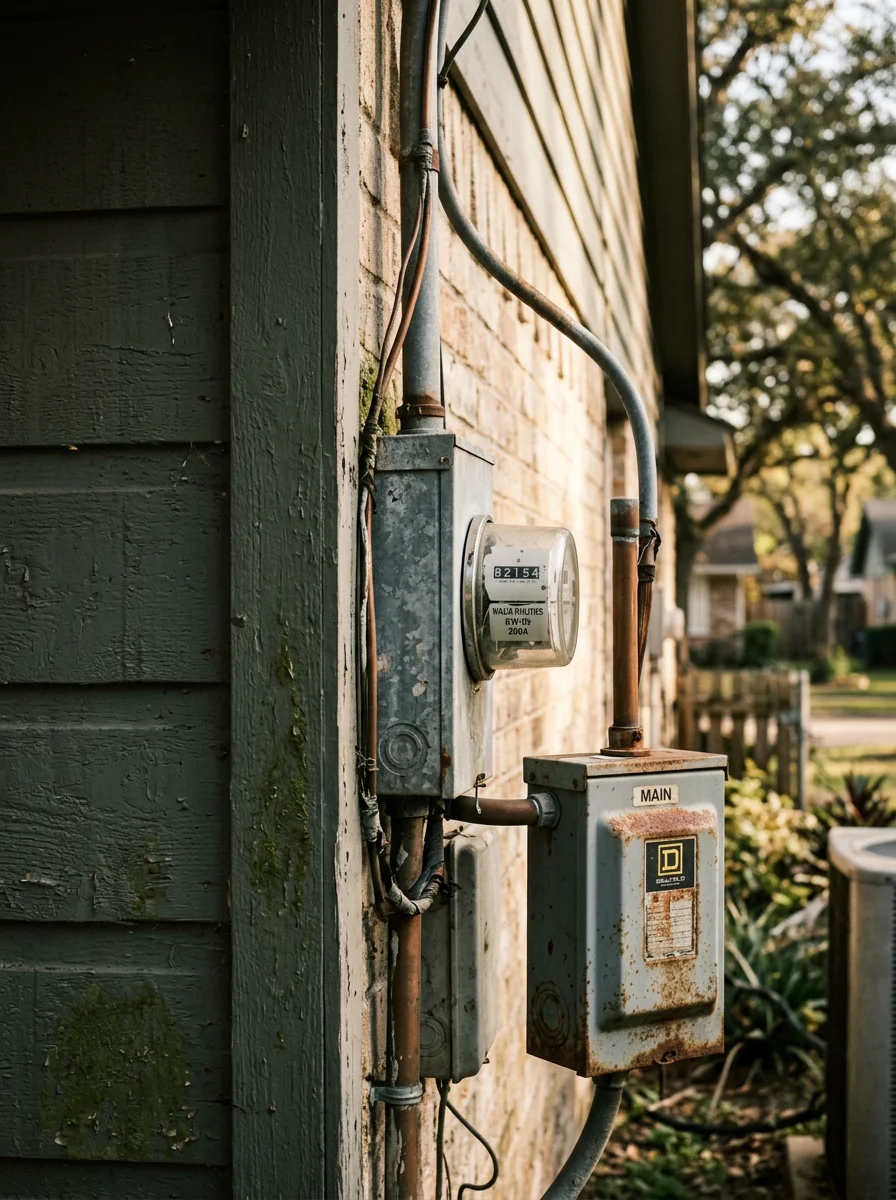 Exterior meter base and electrical service entry on an older Willis, TX home being evaluated for a service upgrade.