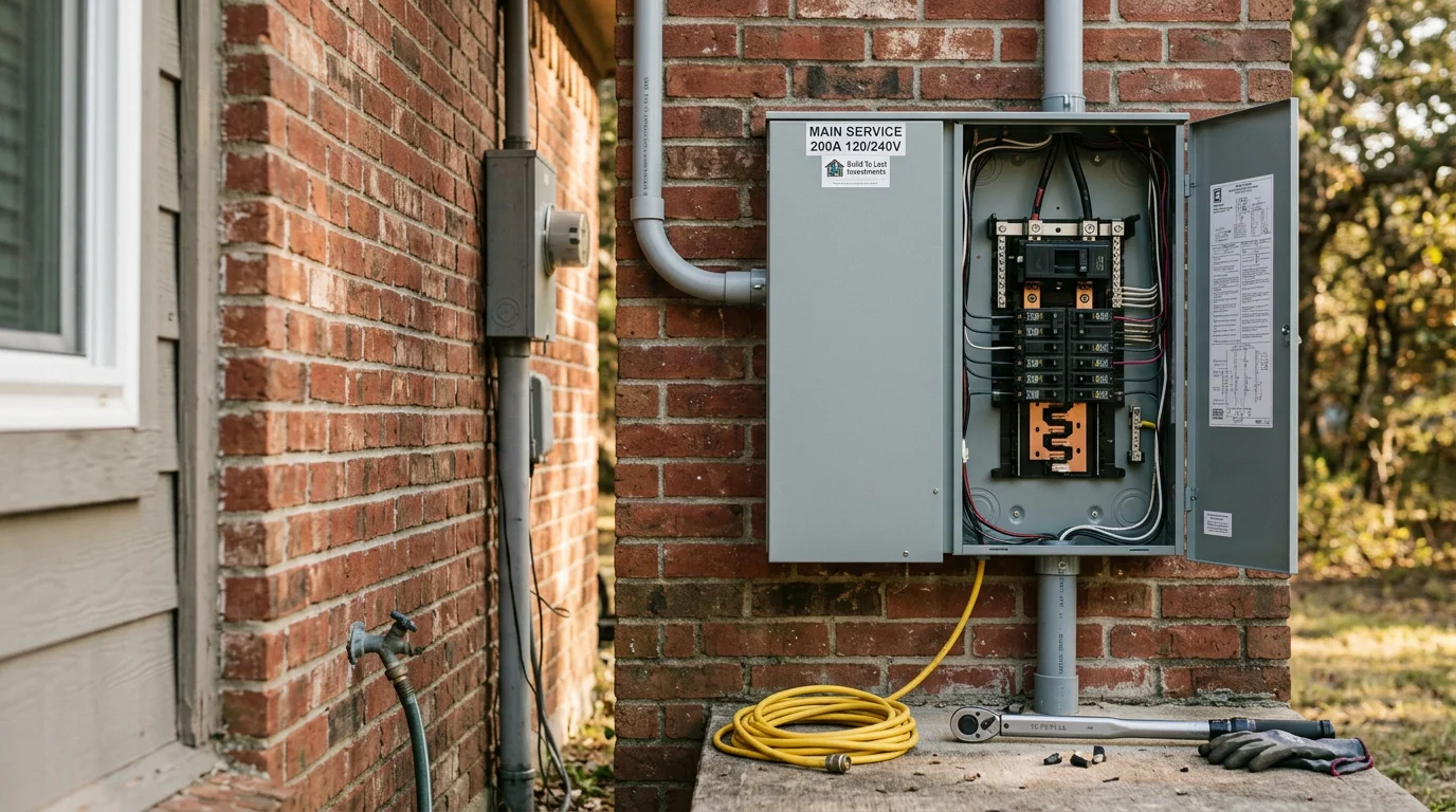 A newly installed 200-amp electrical service entrance on a residential home in Conroe, Texas, showing updated weatherhead, meter base, and service conductors. The work reflects a complete service upgrade from an older low-capacity supply to a modern 200-amp system.