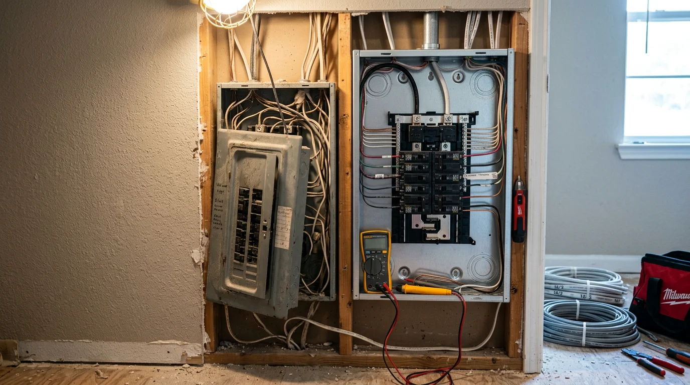 A newly installed residential breaker box mounted on a utility room wall in a Conroe, Texas home. The panel is clean, properly labeled, and sized to support the home's full electrical load.
