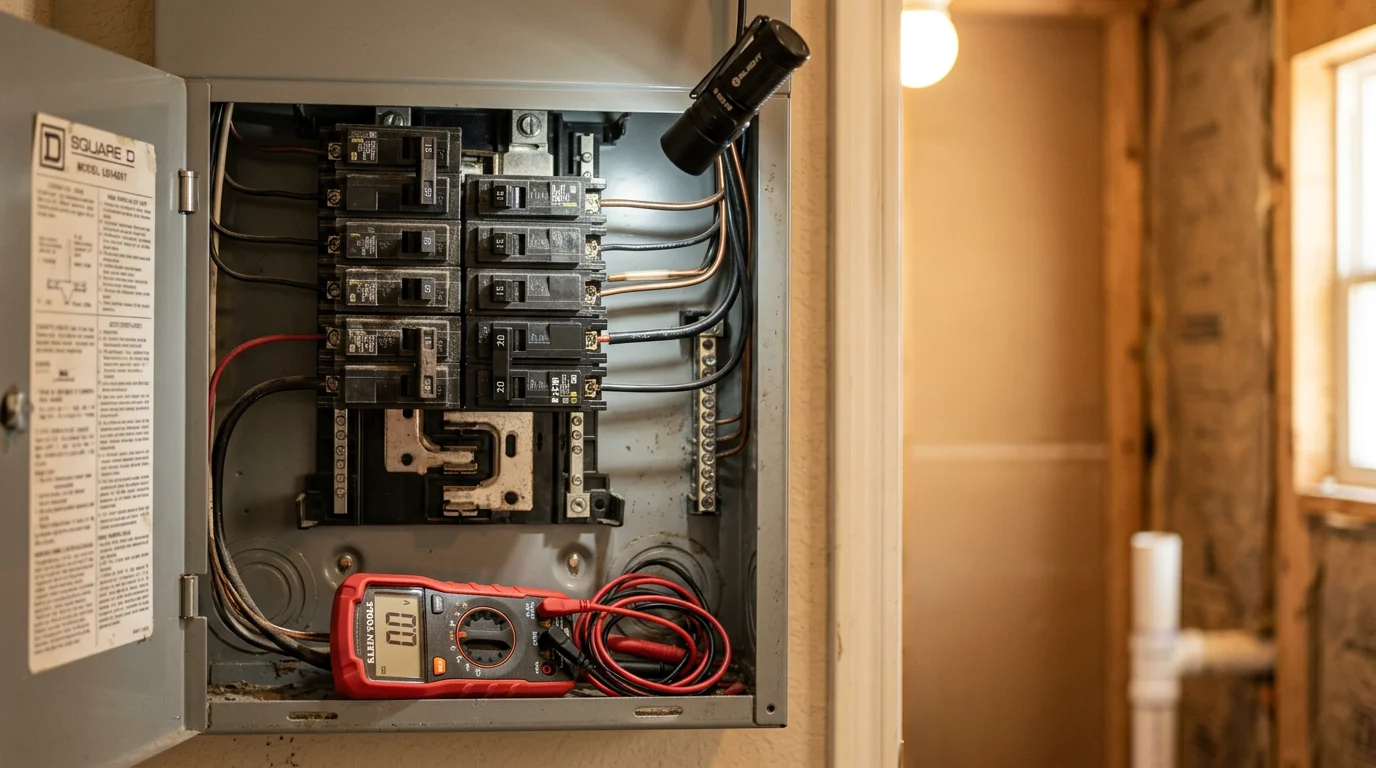 A residential electrical panel inside a Conroe, Texas home with a technician inspecting a circuit breaker slot during a repair service call. Close-up view showing breaker rows and panel interior in a typical Montgomery County residential setting.