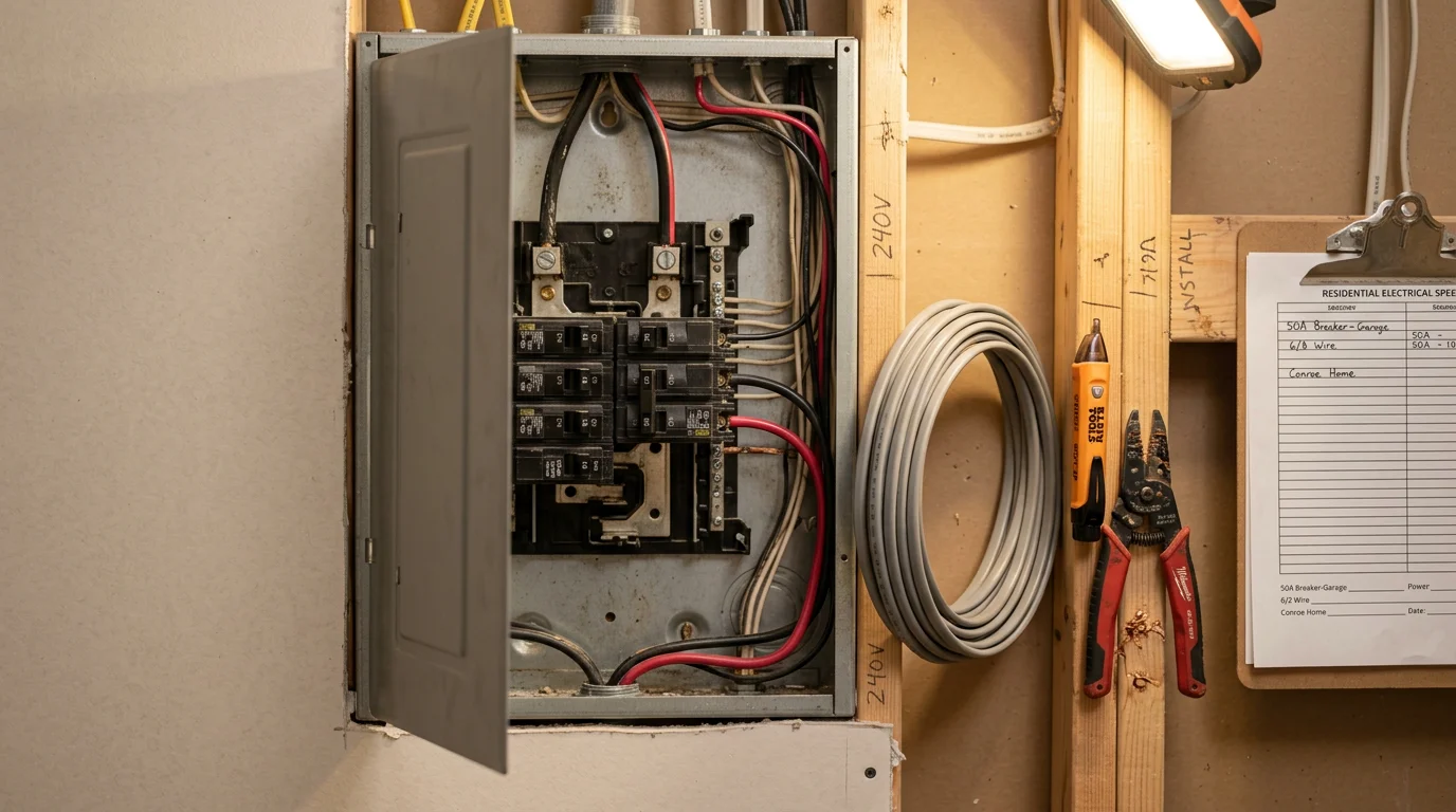 An electrician installing a dedicated circuit breaker inside a residential electrical panel in a Conroe, Texas home. A new wire run is visible connecting the breaker to a high-draw appliance circuit.
