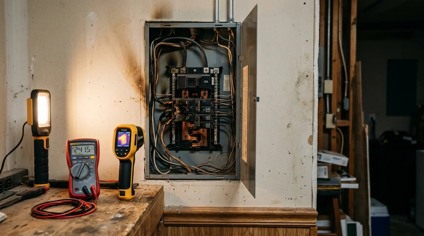 An electrician inspecting a residential electrical panel in a Conroe, Texas home, checking for signs of overheating, scorching, or faulty breakers linked to a burning smell diagnosis.