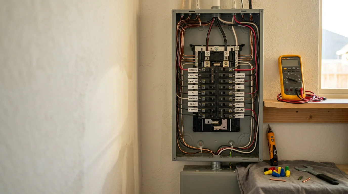 A residential electrical panel open for inspection inside a Conroe, Texas home, showing breaker rows being examined for signs of corrosion, scorch marks, and loose connections. A technician reviews the internal components as part of an electrical panel repair service call.