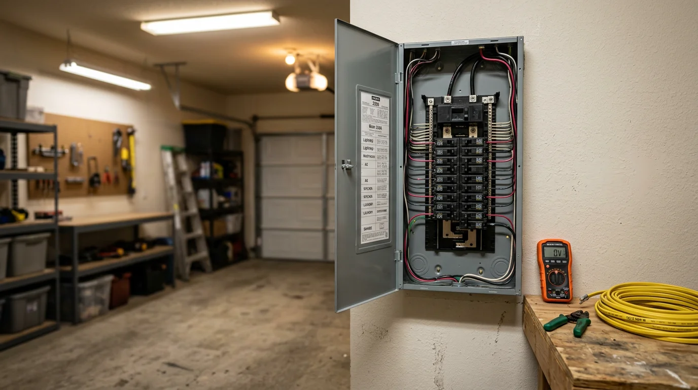 A new residential electrical panel installed in a home in Conroe, Texas, with neatly organized wiring and labeled circuit breakers. The panel box is mounted flush on an interior wall, showing a clean replacement of an older unit.