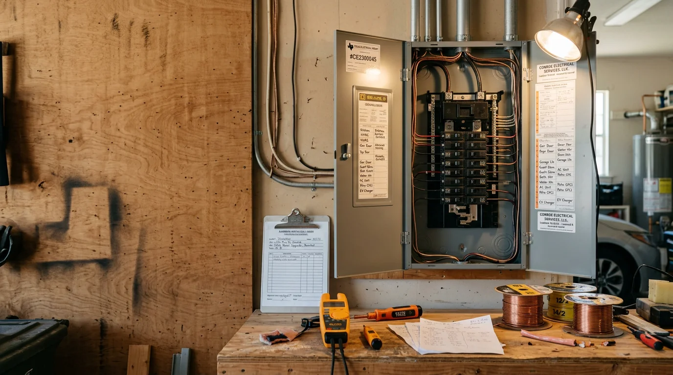 A newly upgraded residential electrical panel with clearly labeled circuit breakers installed in a Conroe, Texas home. The panel box is clean, organized, and sized to support modern household electrical demands.