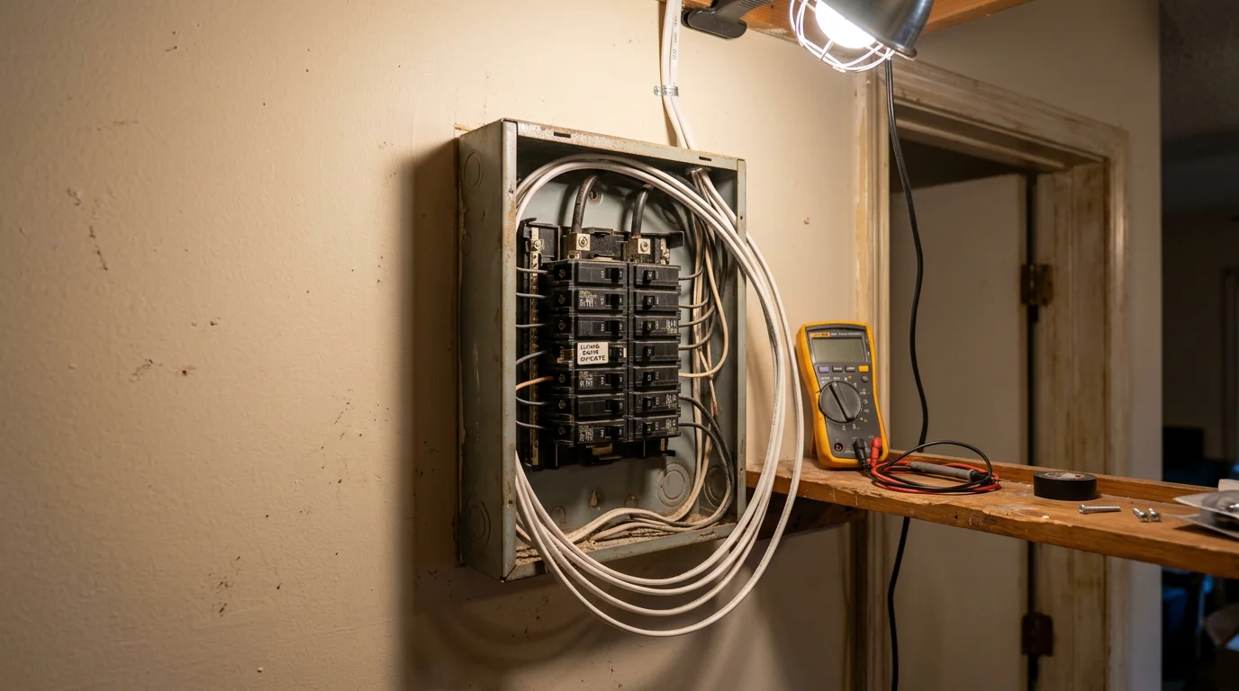 An electrician repairing a residential electrical outlet and wiring inside a home in Conroe, Texas. The work area shows exposed wiring being inspected and corrected at the wall box.