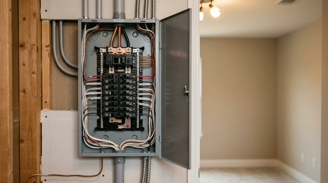 A newly installed residential electrical panel mounted on an interior wall in a Conroe, Texas home, showing organized circuit breakers and updated service wiring. The panel is clean, properly labeled, and ready for modern electrical loads.