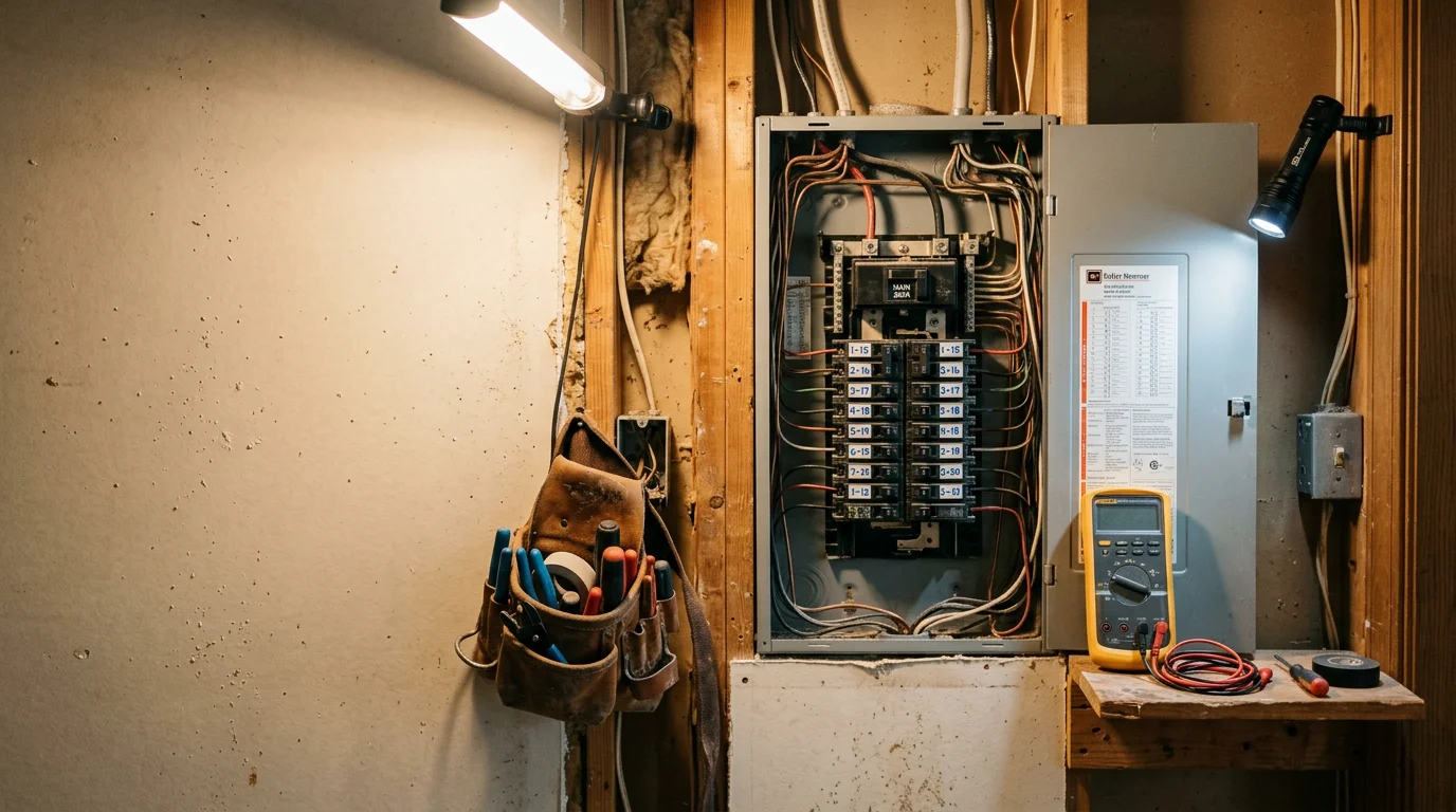 An electrician testing a residential electrical panel inside a Conroe, Texas home, using a diagnostic meter to trace a circuit fault. The panel cover is open and the technician is checking connections in a well-lit utility area.