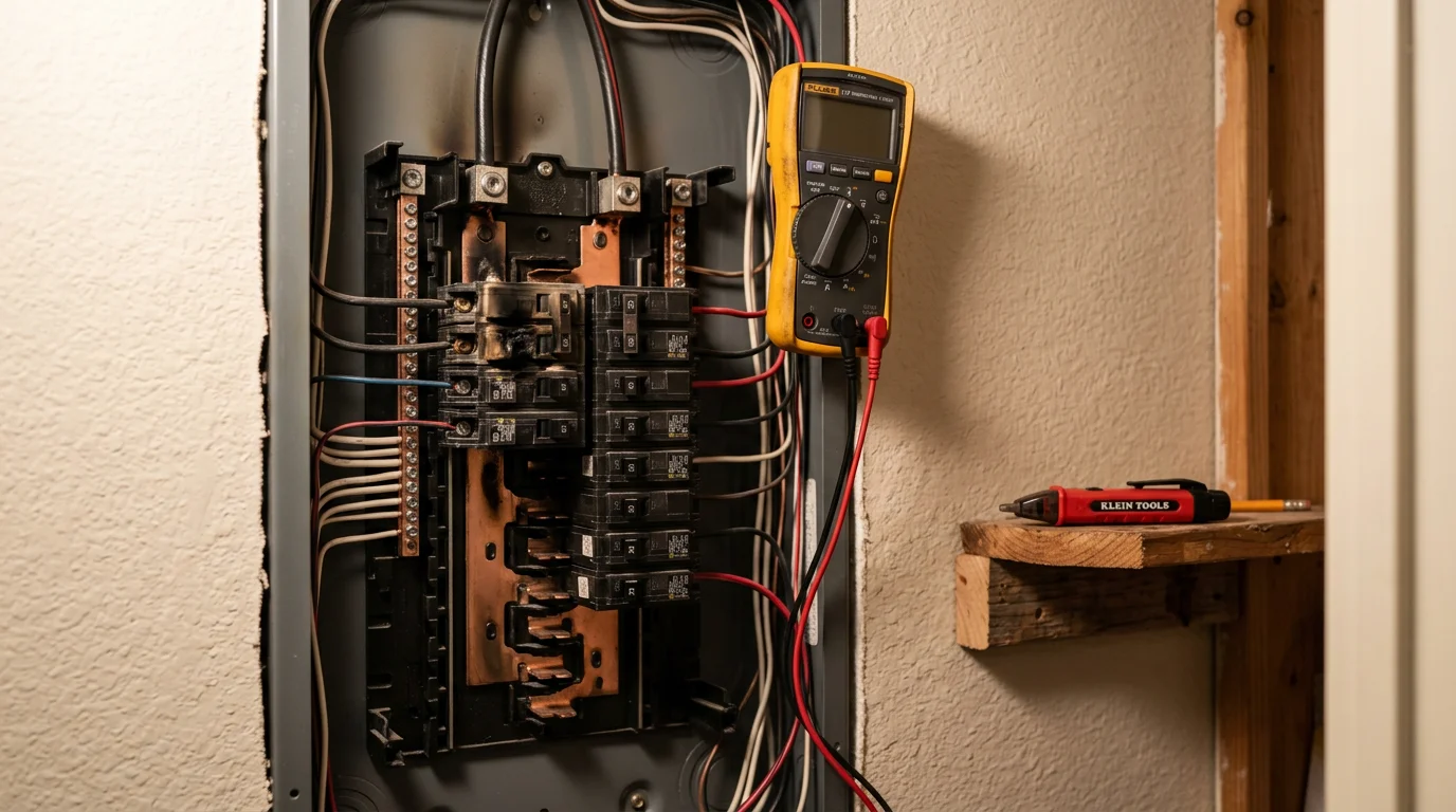 An electrician inspecting a residential electrical panel during an emergency repair call at a home in Conroe, Texas. Close-up view showing the open panel with wiring being assessed for damage.