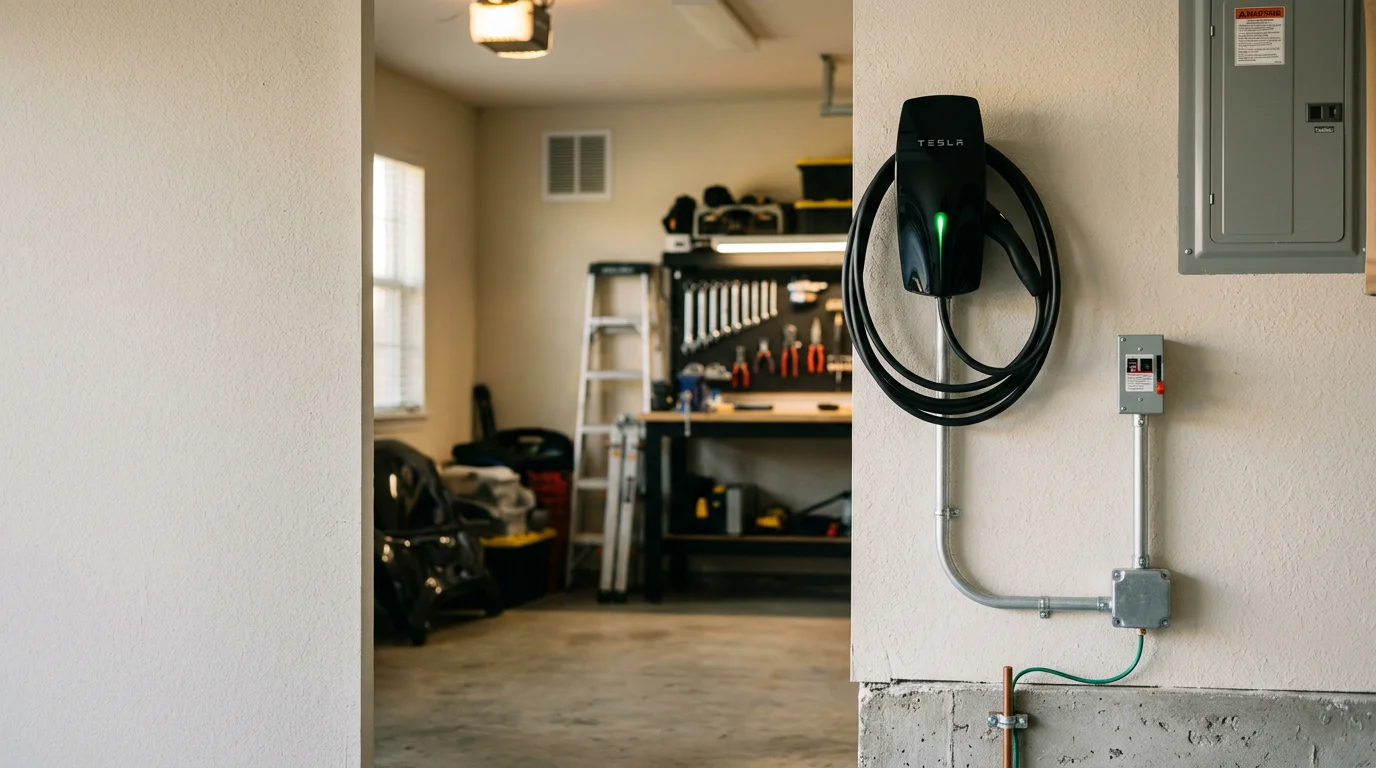 A Level 2 EV charger mounted on the interior wall of a residential garage in Conroe, Texas, with clean conduit running to the electrical panel. A parked electric vehicle sits connected to the charger in the background.