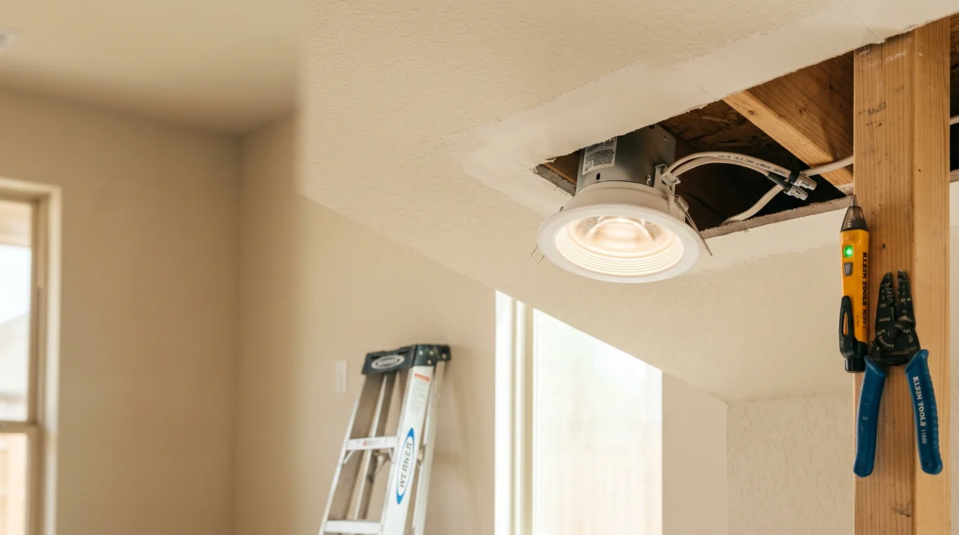 Indoor lighting installation in a Conroe, Texas home showing newly installed recessed ceiling lights in a living room with clean, finished drywall. A wall sconce is visible in the background near a hallway entrance.