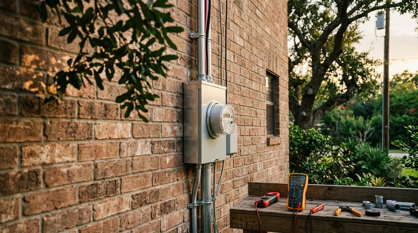 A newly installed residential meter base mounted on the exterior wall of a home in Conroe, Texas, showing a clean weatherproof enclosure ready for utility meter reinsertion. The surrounding siding and service entrance conduit are intact and free of corrosion.