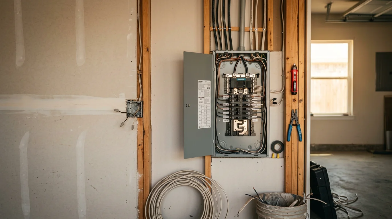 An electrician running new circuit wiring inside a residential panel box in a Conroe, Texas home. New wire runs extend from the breaker panel toward a freshly installed circuit serving a high-demand area of the house.