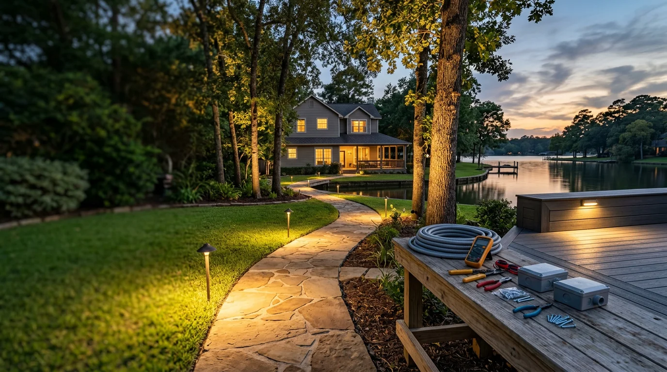 Outdoor lighting installation at a residential home in the Conroe, Texas area, showing pathway lights and uplighting along the front of the house after dark. Fixtures illuminate the entryway, landscaping, and walkway against a nighttime sky.