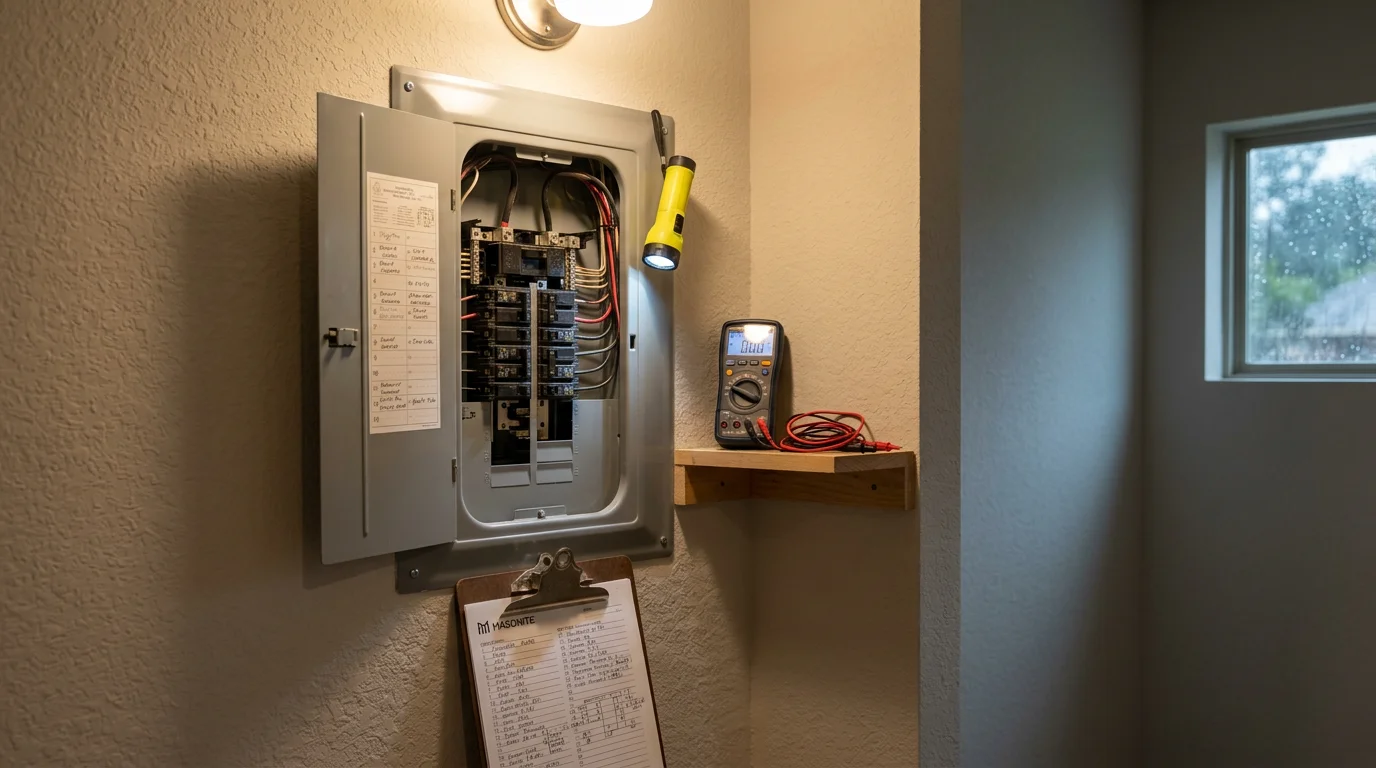 An electrician inspecting a residential breaker panel inside a Conroe, Texas home during a partial power outage troubleshooting visit. The panel door is open and individual breakers are being tested to locate the circuit causing the power loss.