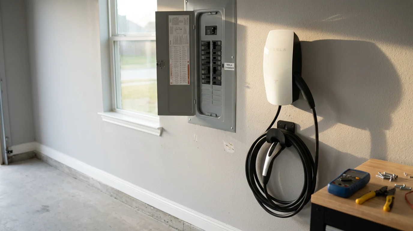 A Tesla Wall Connector mounted on the interior wall of a residential garage in Conroe, Texas, with a charging cable connected to a Tesla vehicle. The installation shows clean conduit routing from the electrical panel to the charger unit.